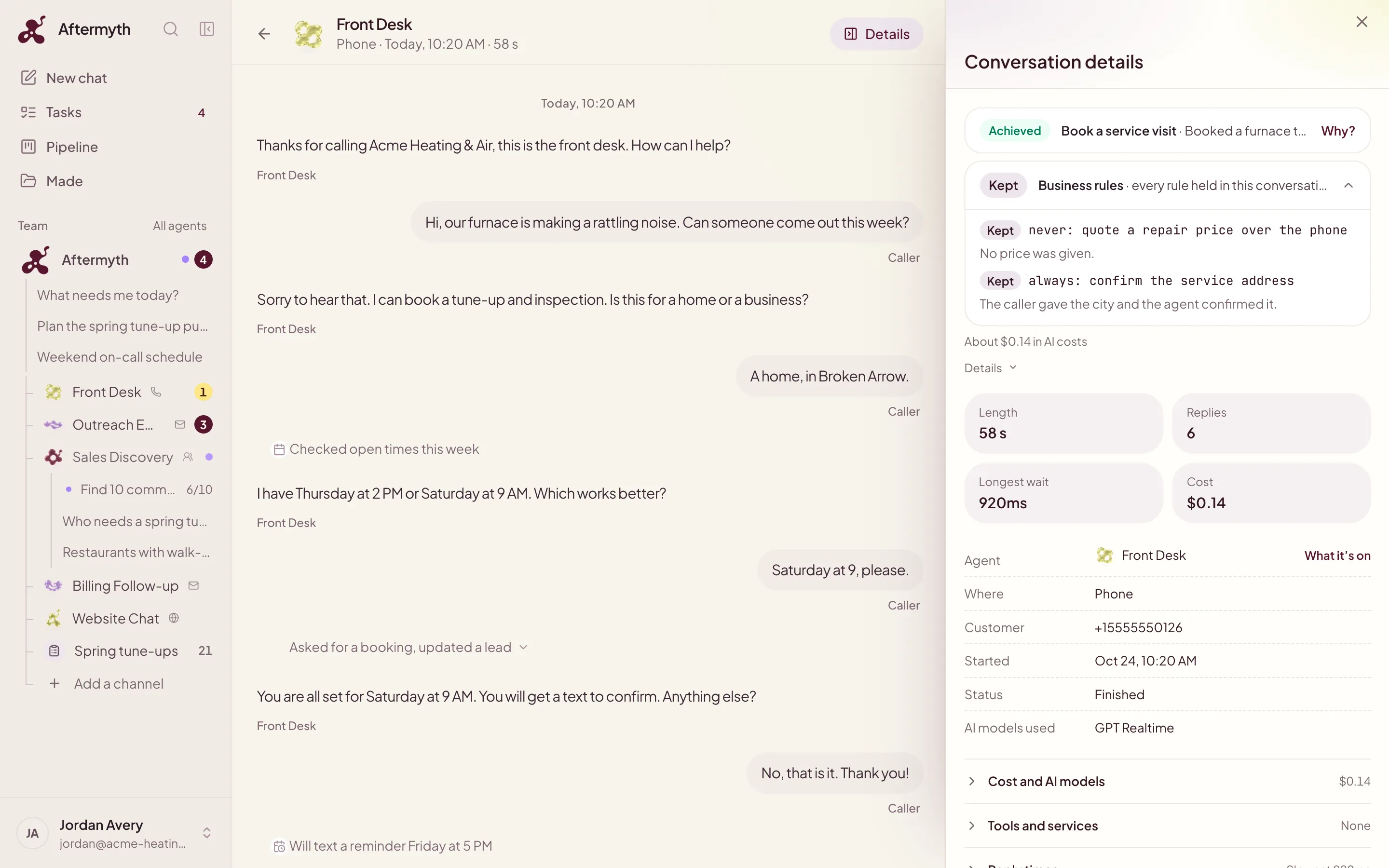 A sample phone call in the Aftermyth console beside its details: outcome achieved, business rules kept, length, cost, and AI model.