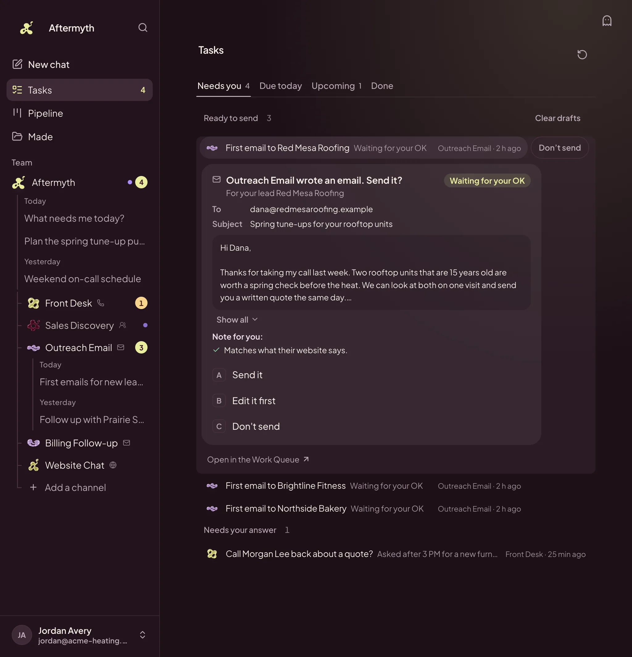 The Aftermyth Mac app: Tasks showing a sample first email waiting for your OK, with Send it, Edit it first, and Don’t send, beside the sidebar with the team’s agents and chats.